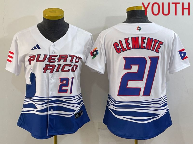 Youth 2023 World Cub Puerto Rico #21 Clemente White MLB Jersey4->youth mlb jersey->Youth Jersey
